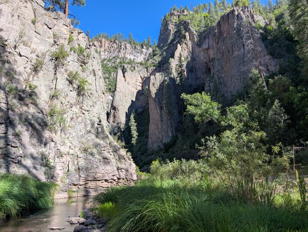 A view of natural rock spires and caves in canyon walls above the Middle Fork of the Gila River